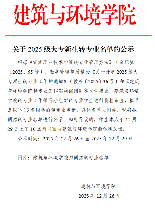 关于2025级大专新生转专业名单的公示